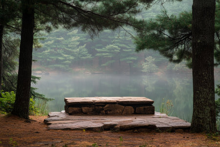 A rustic stone podium with visible layers, placed in front of a serene, misty lake surrounded by towering pine trees.の素材