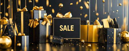 A sleek, black and gold theme with elegant "SALE" text, surrounded by luxurious shopping bags and boxes with golden ribbons, creating a high-end shopping atmosphere.の素材