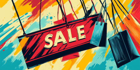 A colorful, retro-inspired background with vintage shopping bags, bold "SALE" text, and old-fashioned price tags, evoking a nostalgic shopping experience.の素材