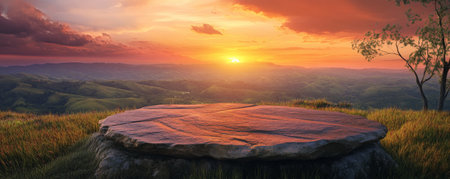 A rustic stone podium with natural textures, set against a background of rolling hills under a vibrant sunset sky, creating a serene, earthy feel.の素材