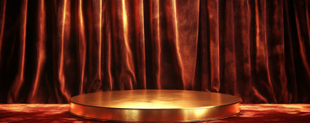A round gold podium with a matte finish, standing in front of a rich, velvet curtain background in deep red, with soft lighting to enhance the luxurious texture.の素材