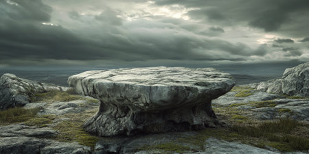 A rugged stone podium carved from rough, natural rock, set in a wild, untamed landscape with a dramatic, cloudy sky.の素材