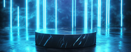 A black marble podium with a polished surface, set against a futuristic backdrop with glowing blue neon lines and abstract patterns.の素材