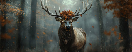 A majestic elk with large antlers, wearing a witch hat adorned with leaves, standing in a misty autumn forest.の素材