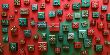 A vibrant background filled with small, neatly arranged gift boxes in various shapes and sizes, set against a bright, cheerful gradient of reds and greens.の素材