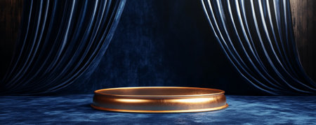 A gold podium with a luxurious finish, set against a deep blue velvet background, with soft lighting creating a rich, elegant atmosphere.の素材