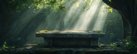 A weathered stone podium with visible moss, placed in a dense forest with beams of sunlight breaking through the canopy, creating a mystical atmosphere.の素材