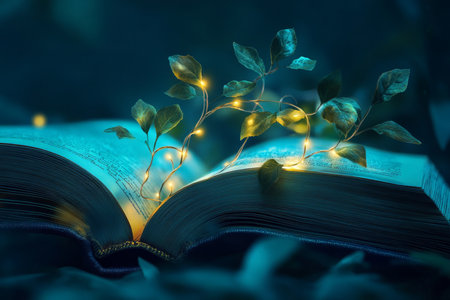 A book with glowing leaves and vines growing from its pages, representing the blossoming of imagination through reading.の素材