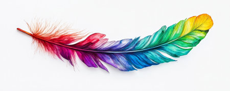 A bright, rainbow-stripped feather, with vivid colors of red, green, blue, and purple, floating gracefully against the white background.の素材