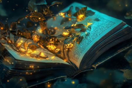 A book with glowing leaves and vines growing from its pages, representing the blossoming of imagination through reading.の素材