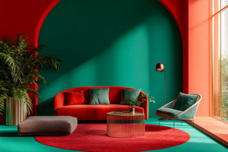 A 3D interior featuring bright red and teal walls, with soft furniture and subdued lighting to balance the bold color choices. The design feels dynamic and modern.の素材