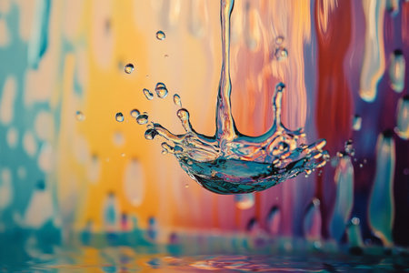 A bright rainbow-colored oil splash suspended in mid-air, with swirling textures and reflective droplets.の素材