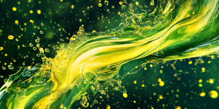 A bright green and yellow oil liquid splash swirling together in dynamic curves and scattered droplets.の素材