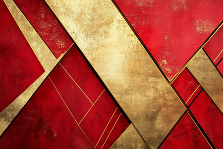 A bold red and gold geometric background with sharp triangles and diagonal lines, creating a striking, luxurious abstract look.の素材