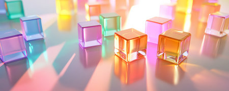 A collection of floating multi-colored cubes, casting faint shadows onto a glossy, white surface, with light creating a luminous glow.の素材