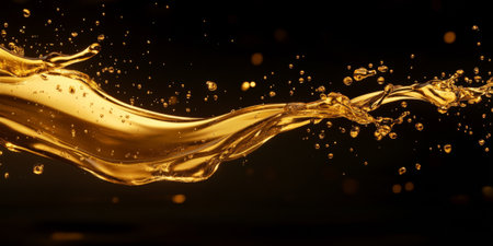 A dynamic gold oil liquid splash with droplets flying outward in a slow-motion, shimmering against a dark background.の素材