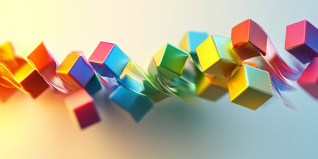 A flowing wave of colorful cubes set on a light background, each cube casting unique reflections and shadows, creating an abstract, rhythmic pattern.の素材