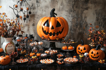 A Halloween-themed table filled with candy corn, jack-o'-lanterns, and spooky decorations, perfect for a party.の素材