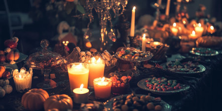 A Halloween-themed table filled with glowing candles, candy, and creepy decorations, perfect for a spooky party.の素材