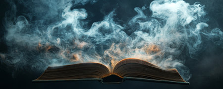 A floating book with swirling clouds of smoke rising from its pages, taking the form of ancient legends and mythical beasts.の素材