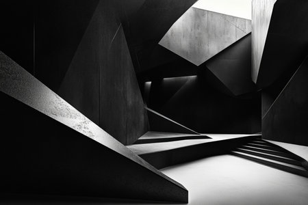 A dramatic 3D black interior with sharp, angular shapes and deep shadows. The interplay of light and shadow creates a bold, modern atmosphere.の素材