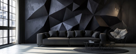 A dramatic 3D black interior with sharp, geometric shapes and deep shadows. The high-contrast design is bold and modern, perfect for a contemporary space.の素材