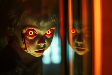 A distorted reflection in a mirror shows a child's nightmare self, with twisted features and glowing red eyes, staring back menacingly.の素材
