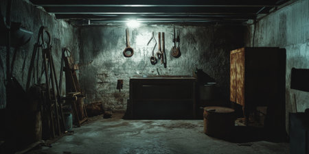 A dark, eerie basement with rusty tools, broken furniture, and shadows flickering across the walls.の素材