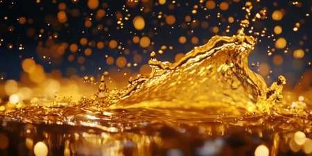 A dynamic gold oil liquid splash with droplets flying outward in a slow-motion, shimmering against a dark background.の素材