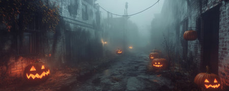 A creepy alley filled with fog, flickering lanterns, and jack-o'-lanterns scattered around old, haunted buildings.の素材