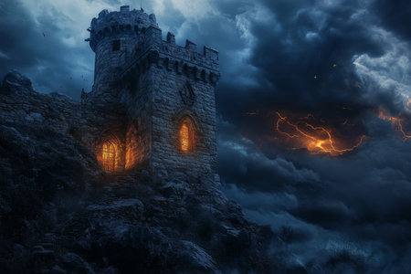 A cursed castle with crumbling stone walls, eerie glowing lights inside, and dark storm clouds swirling overhead.の素材