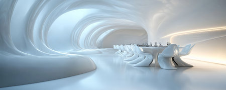 A futuristic 3D white dining room with curved walls, sleek, modern chairs, and soft, ambient lighting creating a calming atmosphere.の素材