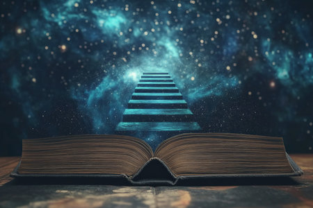 A book opening to reveal a floating staircase leading up to the stars, symbolizing the journey of discovery through stories.の素材