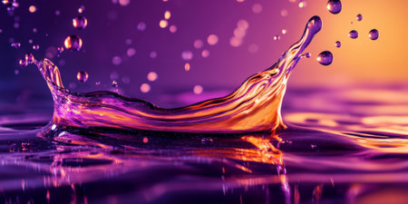 A bold purple and orange oil splash twisting in mid-air, with droplets reflecting light in dynamic shapes.の素材