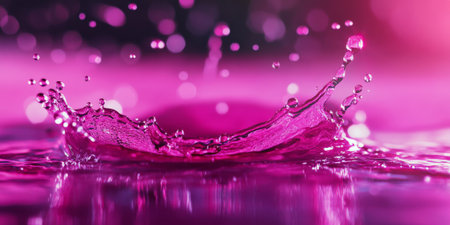 A bright neon pink oil splash with droplets scattering across the scene, reflecting the vibrant light.の素材