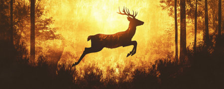 A leaping deer, its silhouette filled with a sun-drenched forest scene, trees fading into the background.の素材