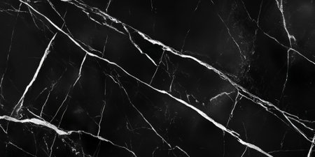 A luxurious black marble background with sharp white veins running across it, creating a clean, modern aesthetic.の素材