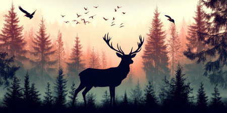 A majestic stag standing tall, its silhouette filled with a calm forest clearing, birds flying through the trees.の素材