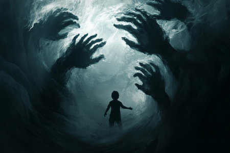 A nightmare of falling through a dark void, with shadowy hands reaching out from the abyss, trying to pull the child deeper.の素材