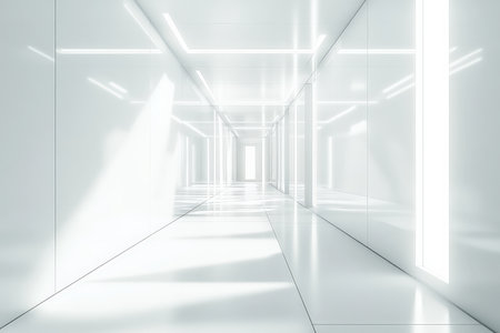 A sleek 3D white hallway with glowing floor panels and minimalist decor, casting soft, diffused shadows and giving a futuristic feel.の素材