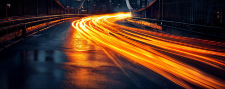 A long exposure of vibrant orange and yellow light trails resembling flowing lava, twisting along a city bridge at night.の素材