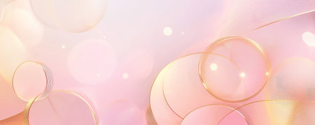 A light pink and gold geometric background with delicate lines and circles, creating a soft, luxurious abstract look.の素材