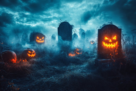 A Halloween graveyard with overgrown tombstones, fog, and glowing jack-o'-lanterns under a stormy night sky.の素材