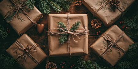 A cozy background with holiday gifts wrapped in brown paper, tied with rustic string, surrounded by warm pine branches.の素材