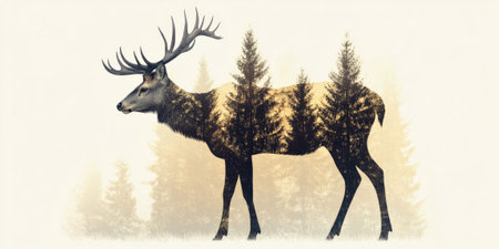 A deer with large antlers, its body filled with the calm silhouette of trees at dawn, the forest fading into white.の素材