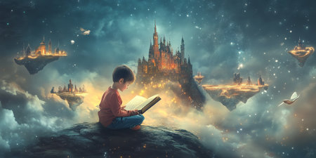 A child reading a book with floating islands and castles appearing from the pages, surrounded by soft, glowing light.の素材