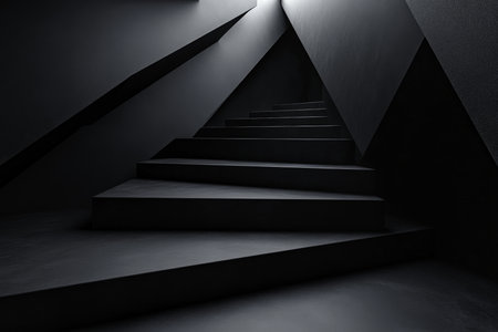 A 3D black interior background with smooth, matte black walls and sleek geometric shapes creating depth. Subtle lighting casts shadows that highlight the clean lines, ideal for modern, minimalist designs.の素材