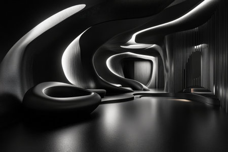 A futuristic 3D black interior with large, smooth curves and soft, ambient lighting. The space feels sleek and modern, with an emphasis on minimalism and fluidity.の素材