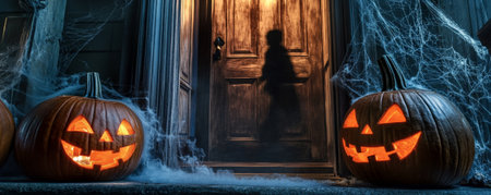 A creepy Halloween doorway scene with carved pumpkins, spider webs, and a dark figure lurking in the shadows.の素材