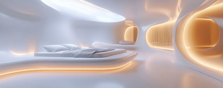 A futuristic 3D white bedroom with sleek, glowing floor lights and modern, abstract furniture. The walls have soft curves, and the light is diffused.の素材